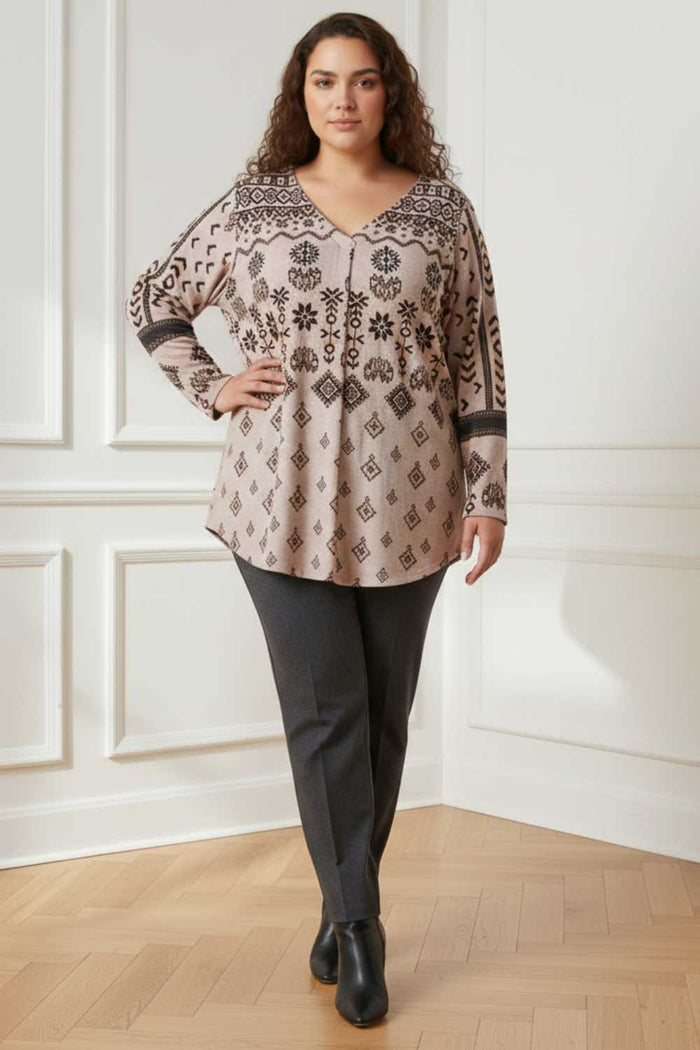 Plus Size Beige Printed V Neck SnugWeave Winter Top