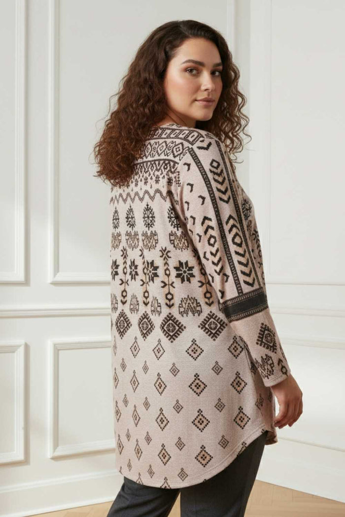 Plus Size Beige Printed V Neck SnugWeave Winter Top