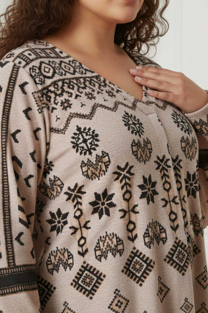 Plus Size Beige Printed V Neck SnugWeave Winter Top