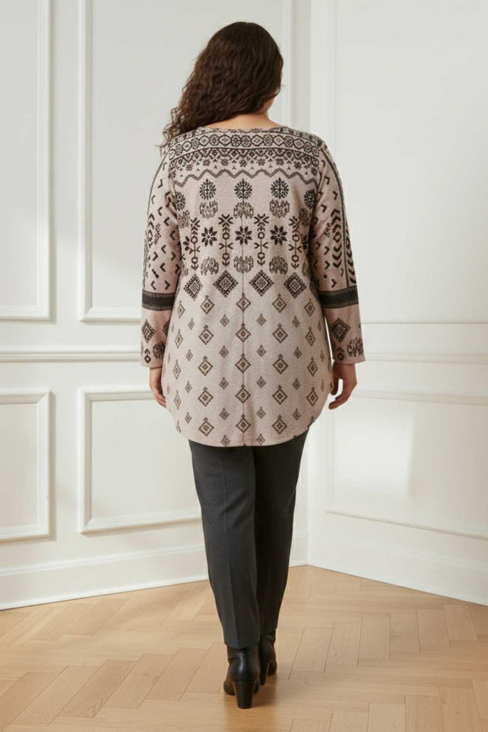 Plus Size Beige Printed V Neck SnugWeave Winter Top