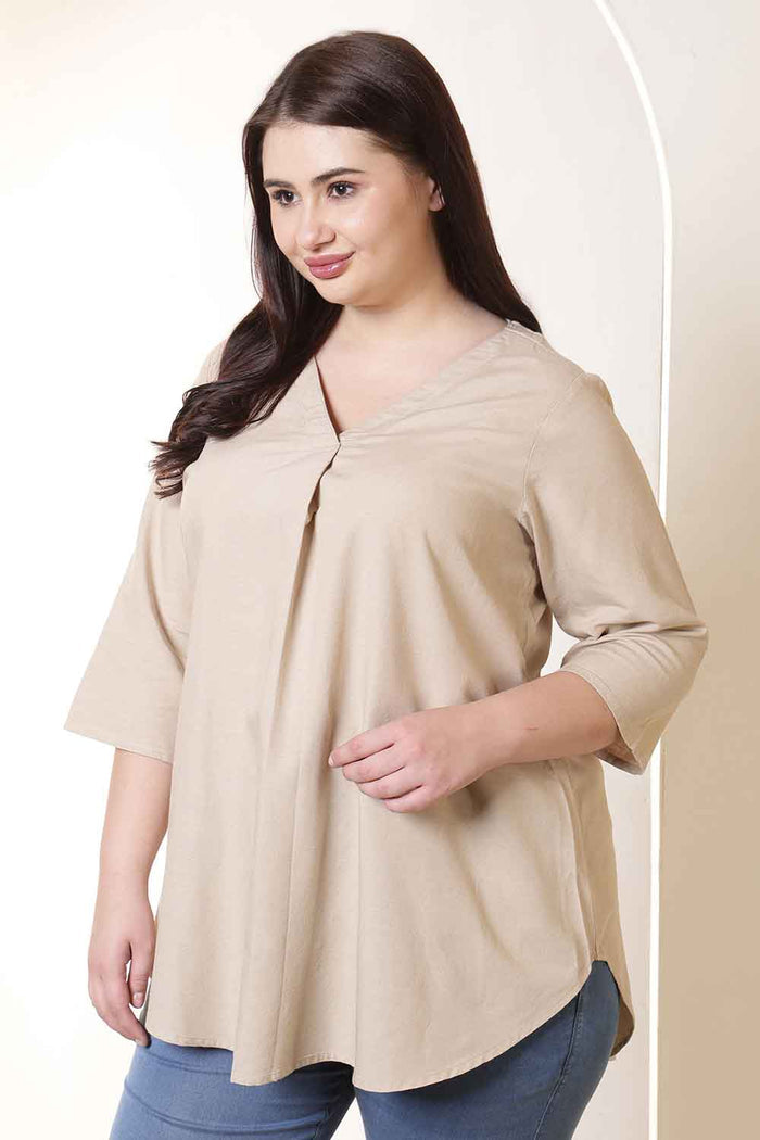 Plus Size Beige V-Neck Cotton Linen Top