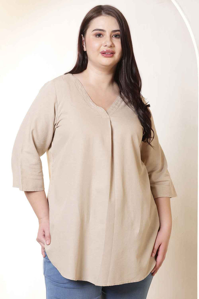 Plus Size Beige V-Neck Cotton Linen Top