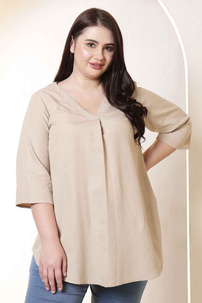 Plus Size Beige V-Neck Cotton Linen Top
