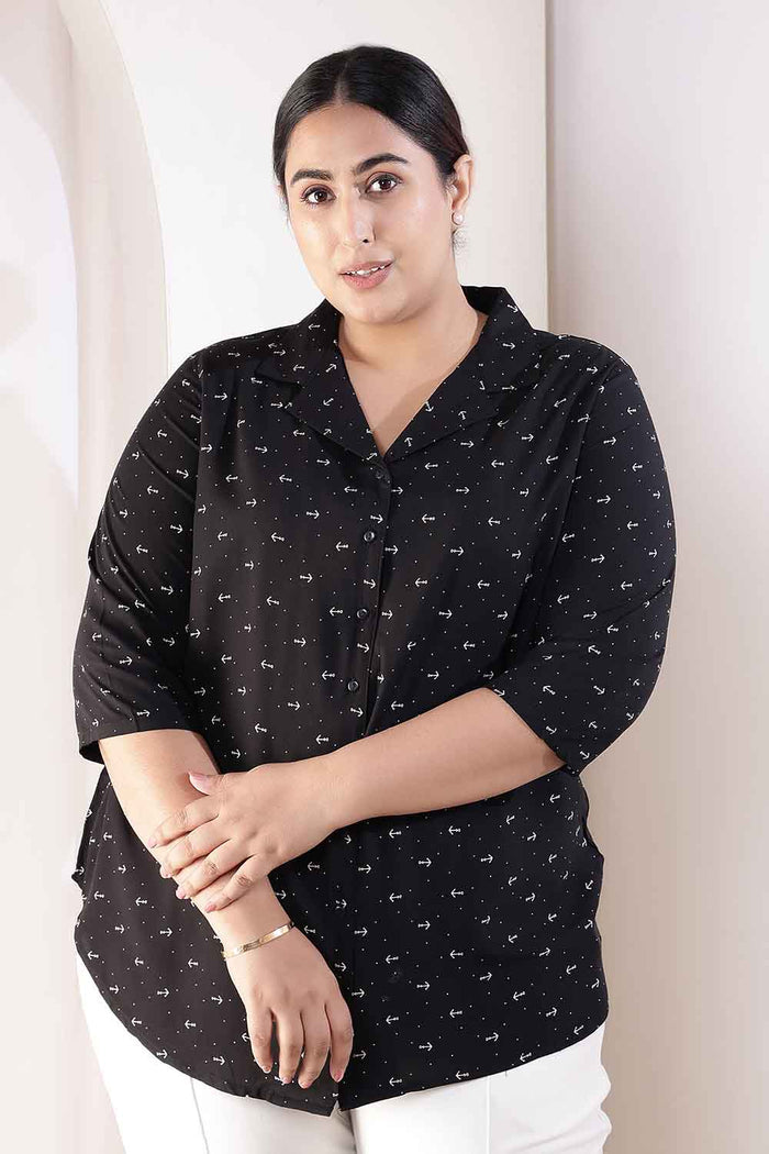 Plus Size Black Anchor Print Cuban Collar Rayon Shirt