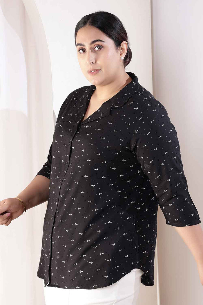 Plus Size Black Anchor Print Cuban Collar Rayon Shirt