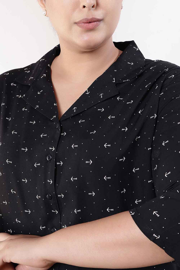 Plus Size Black Anchor Print Cuban Collar Rayon Shirt