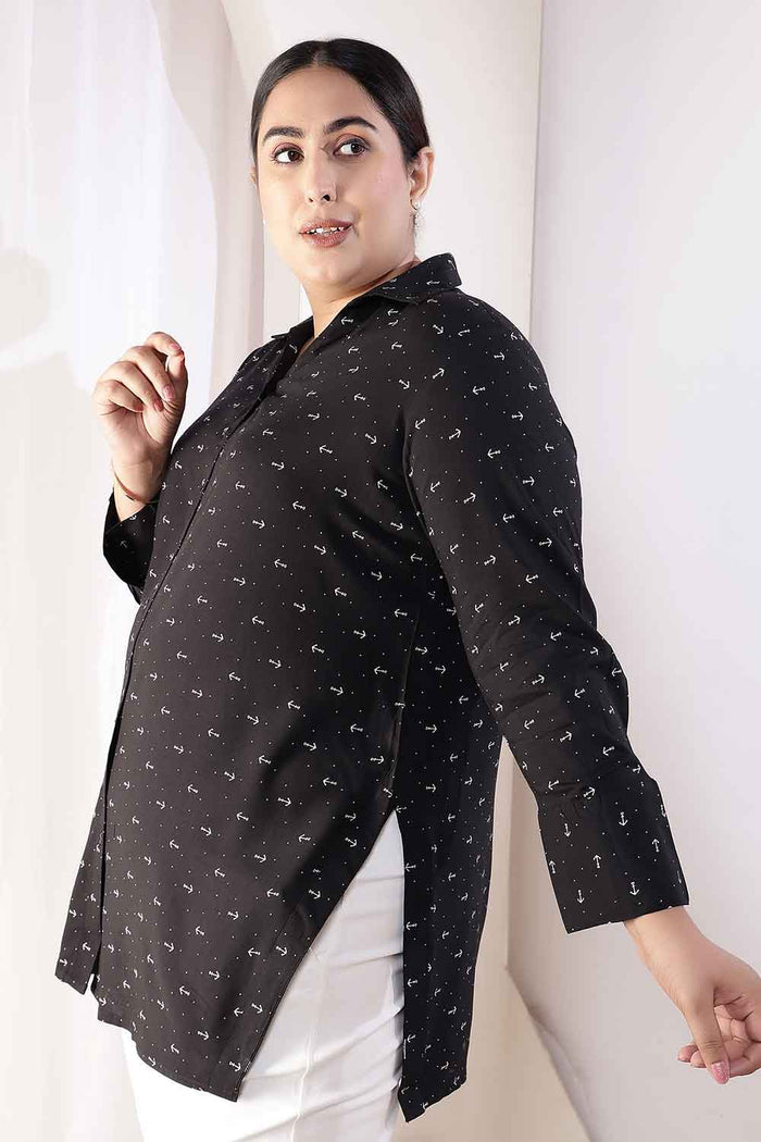 Plus Size Black Anchor Print High Slit Styled Cuff Rayon Shirt
