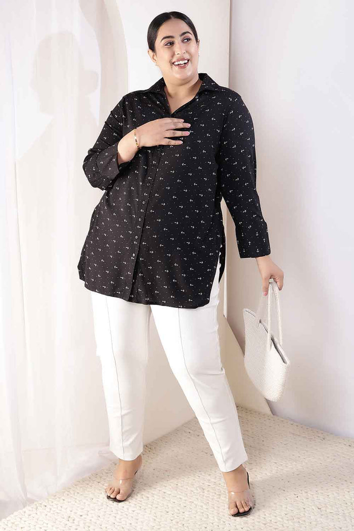 Plus Size Black Anchor Print High Slit Styled Cuff Rayon Shirt