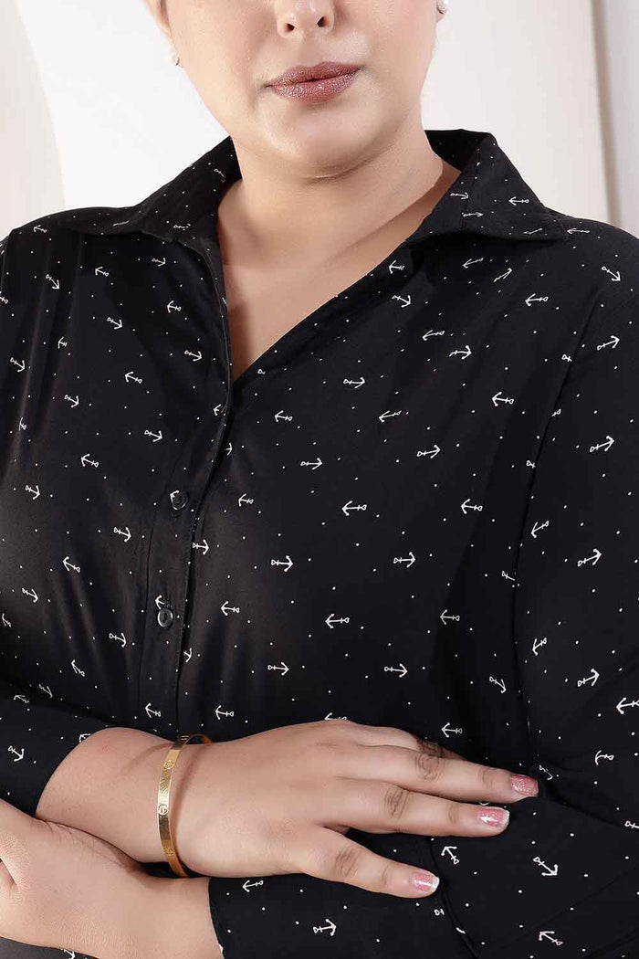 Plus Size Black Anchor Print High Slit Styled Cuff Rayon Shirt
