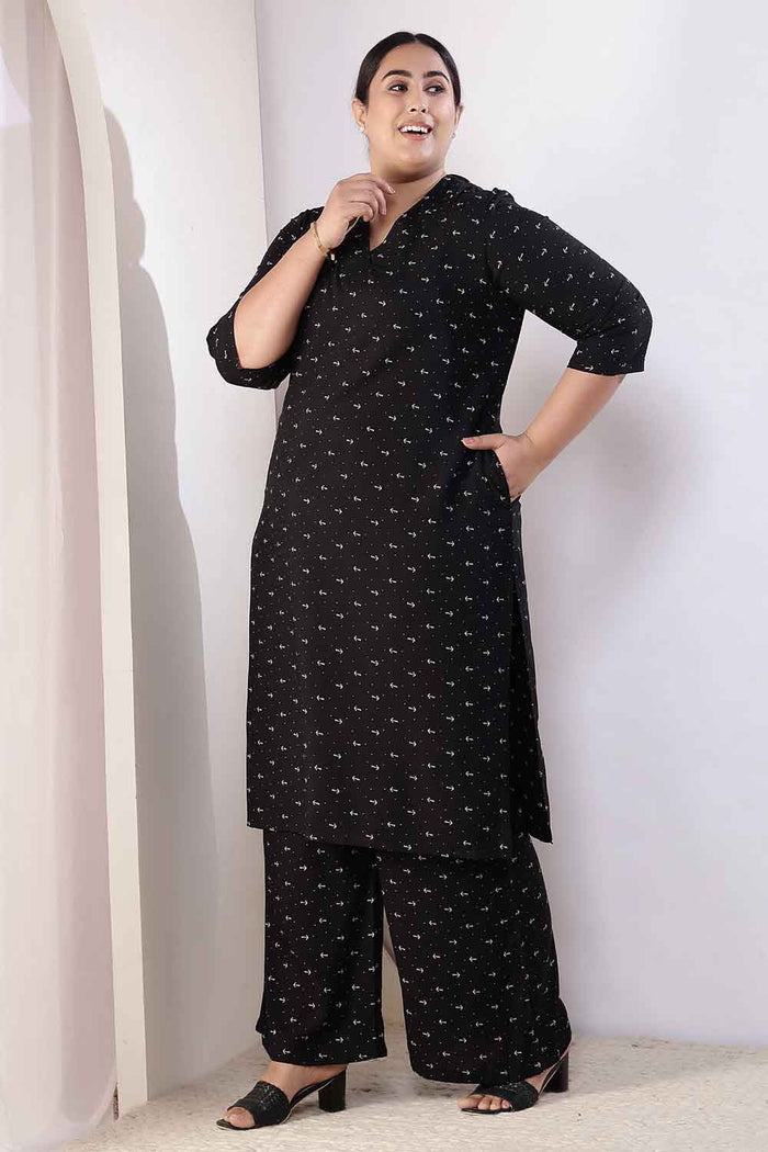 Plus Size Black Anchor Print Rayon Kurta Coord Set
