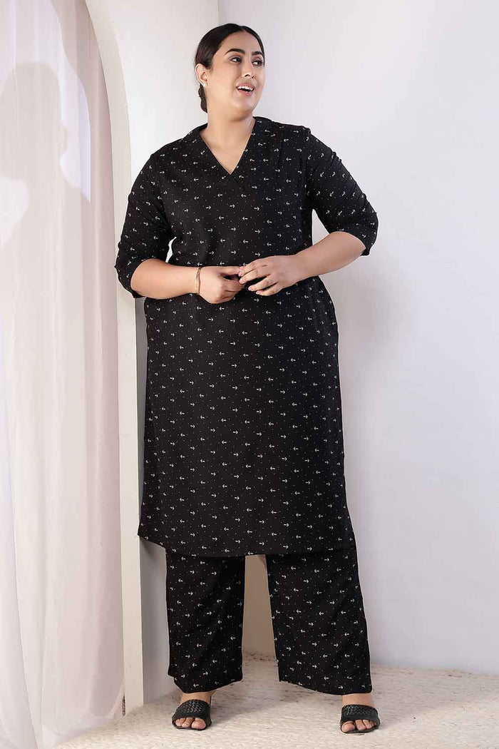 Plus Size Black Anchor Print Rayon Kurta Coord Set