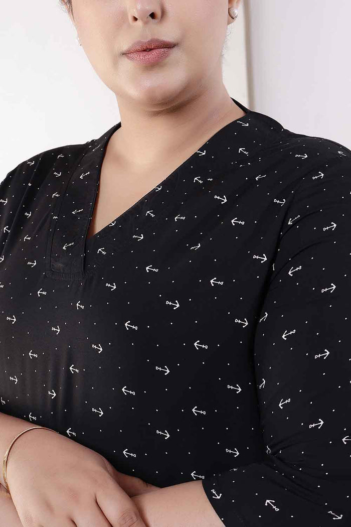 Plus Size Black Anchor Print Rayon Kurta Coord Set
