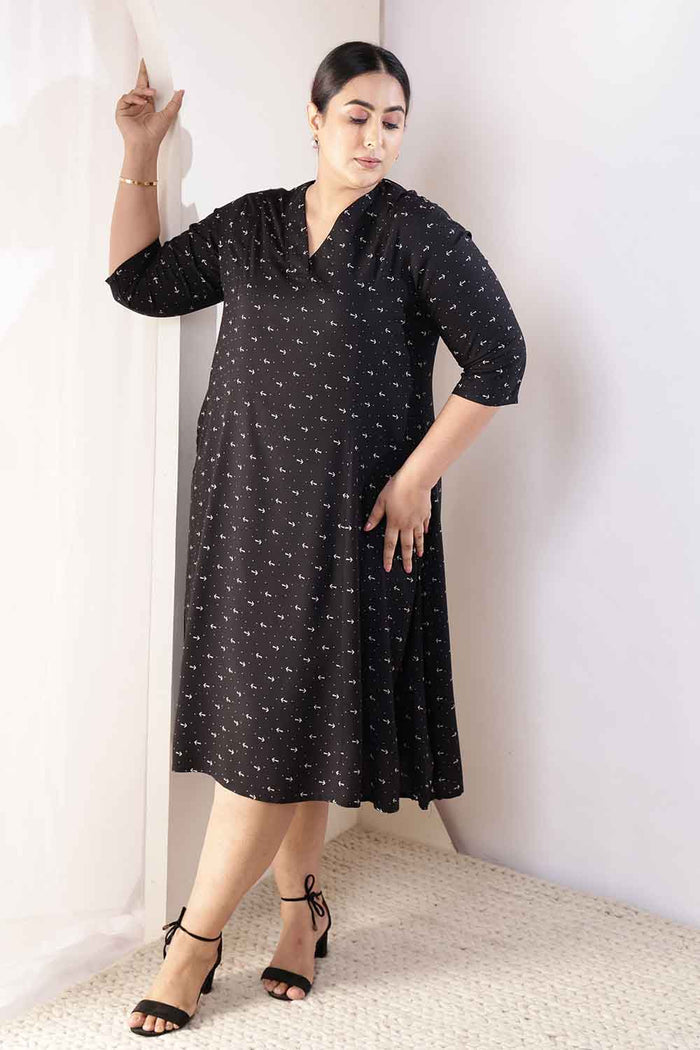 Plus Size Black Anchor Print Rayon Midi Dress