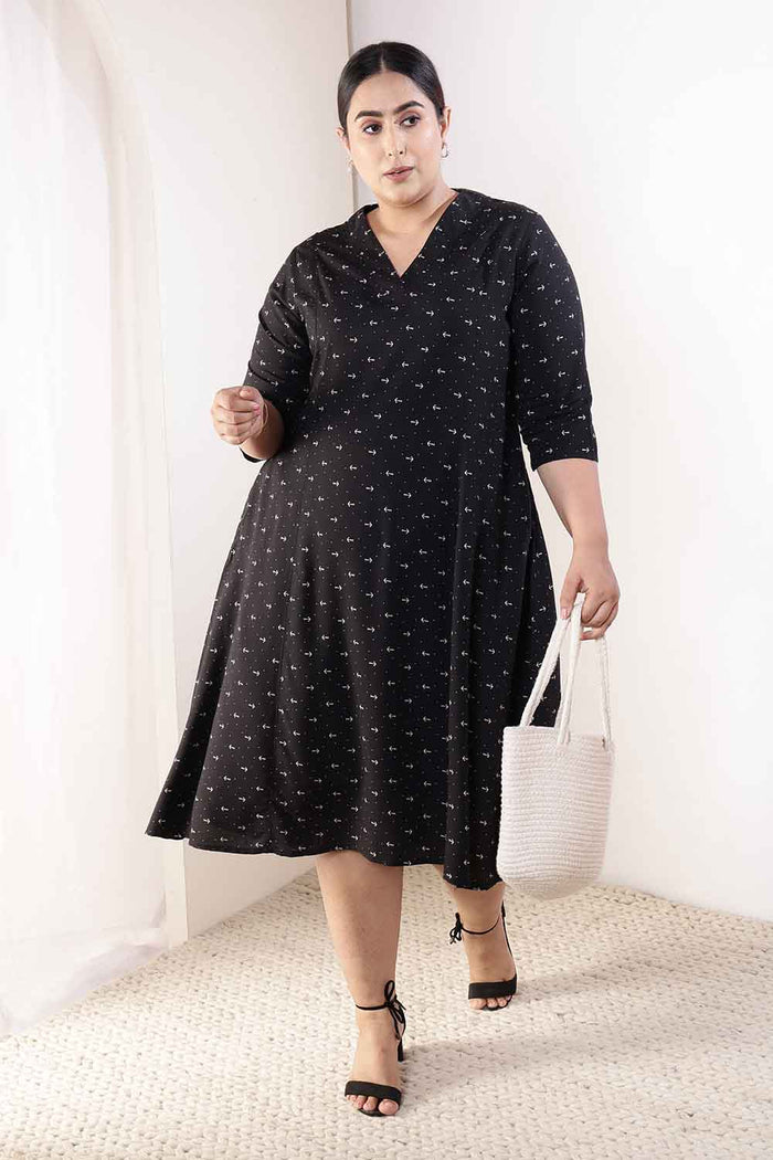 Plus Size Black Anchor Print Rayon Midi Dress