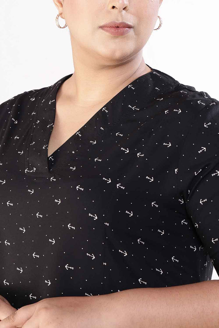 Plus Size Black Anchor Print Rayon Midi Dress