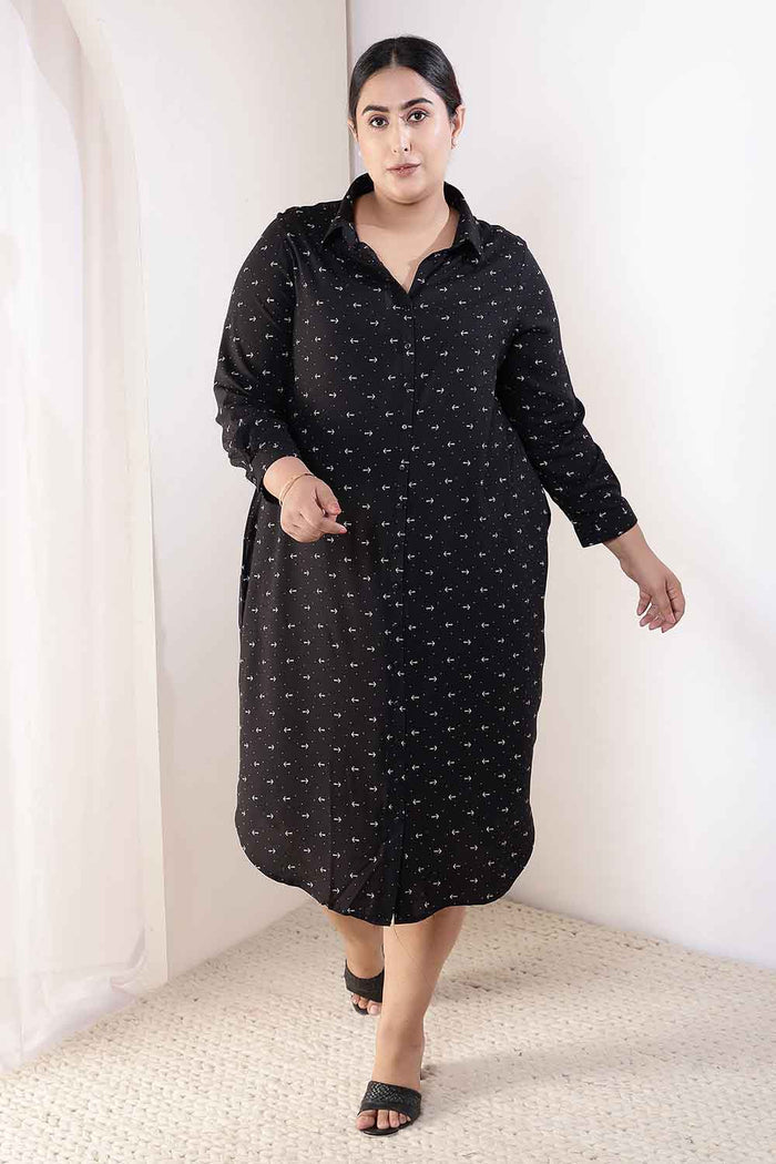Plus Size Black Anchor Print Rayon Shirt Dress