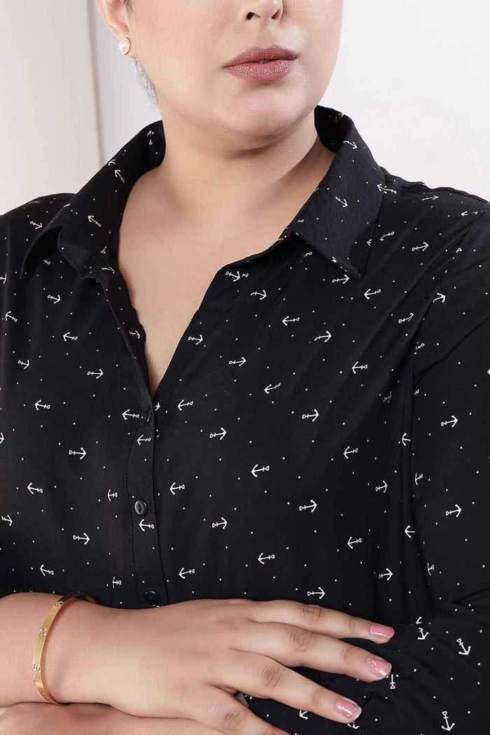 Plus Size Black Anchor Print Rayon Shirt Dress