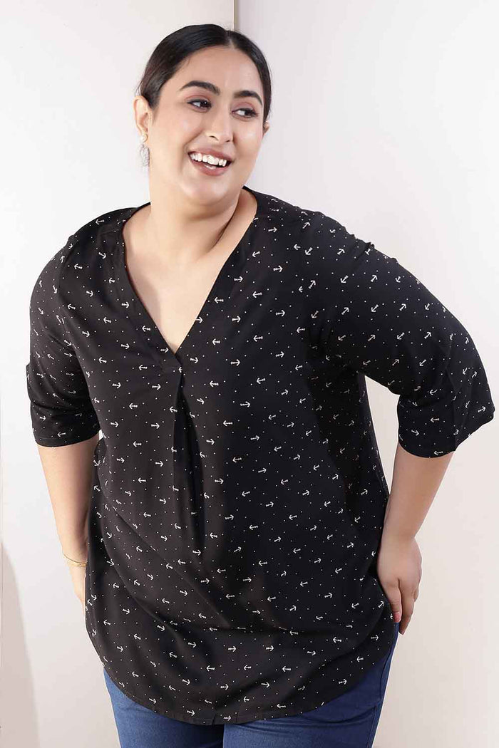 Plus Size Black Anchor Print Rayon V-Neck Top