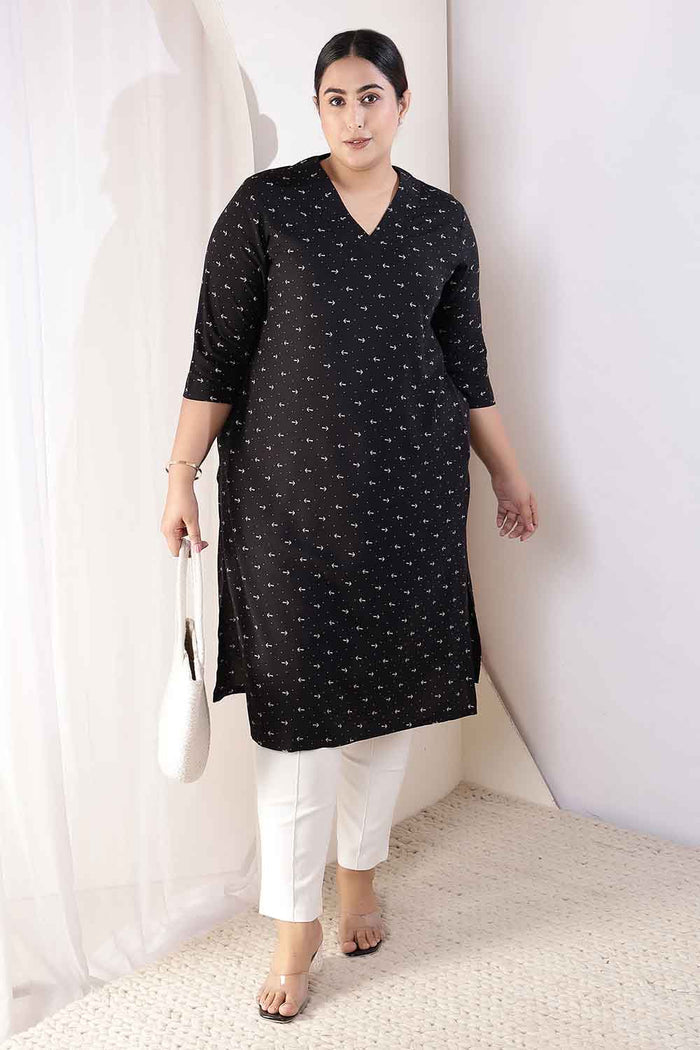 Plus Size Black Anchor Print V Neck Rayon Kurta