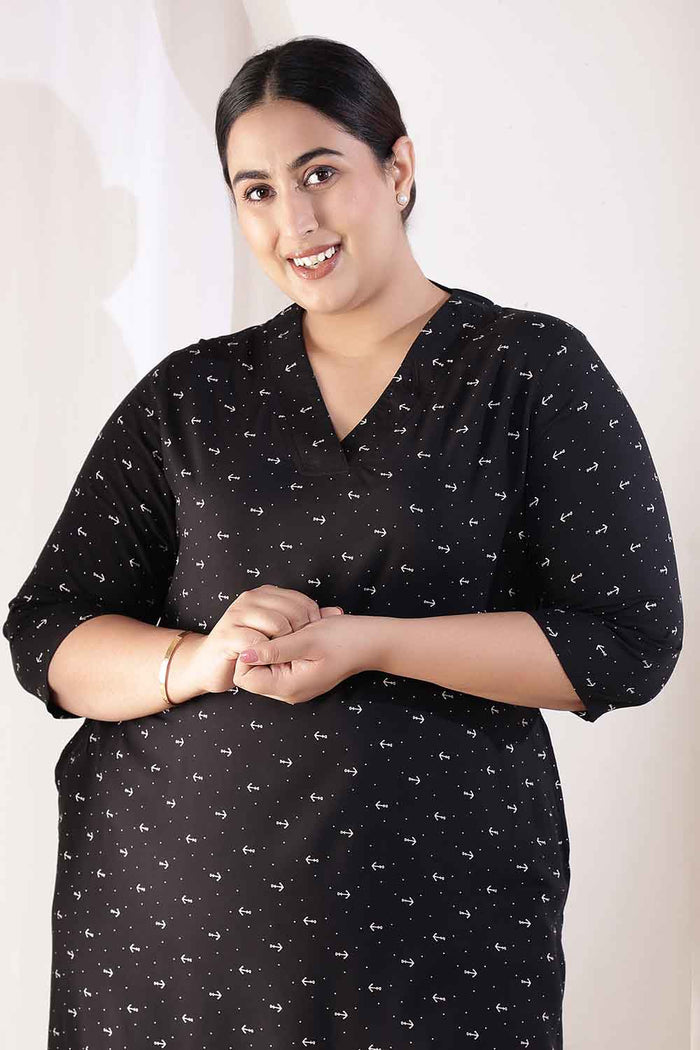 Plus Size Black Anchor Print V Neck Rayon Kurta