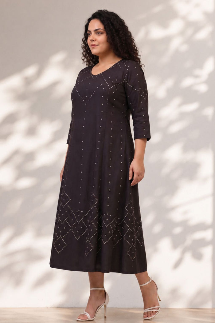 Plus Size Black Bandhej Print Midi Dress