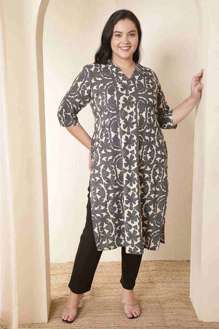 Plus Size Black & Beige Abstract Print Cotton Kurta
