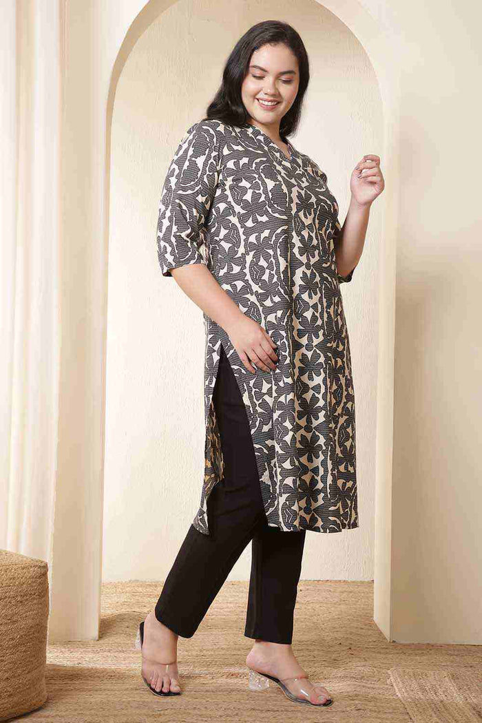 Plus Size Black & Beige Abstract Print Cotton Kurta