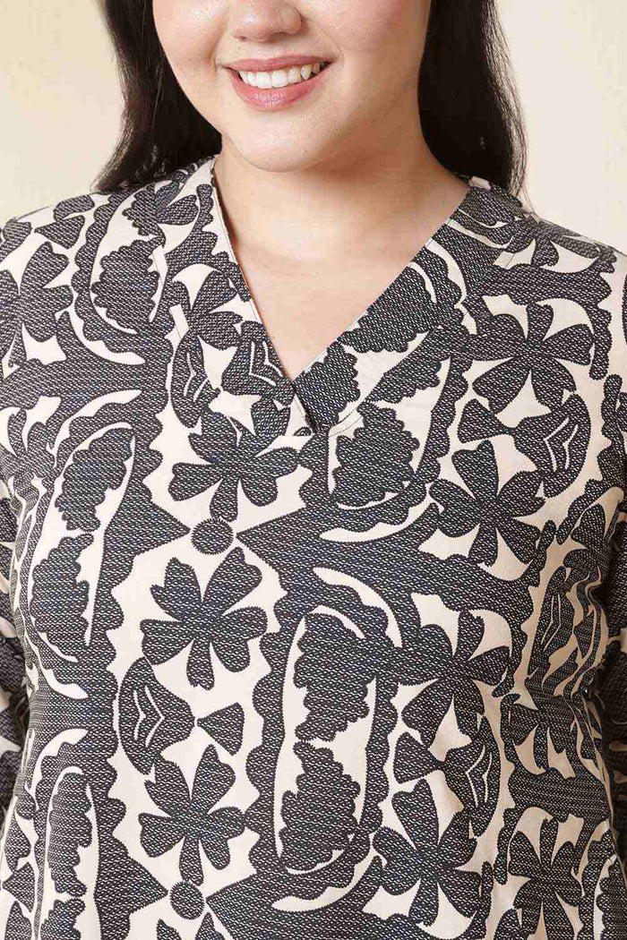 Plus Size Black & Beige Abstract Print Cotton Kurta