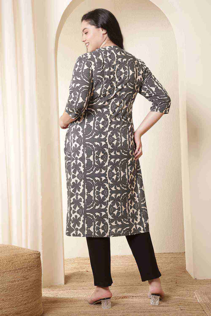 Plus Size Black & Beige Abstract Print Cotton Kurta