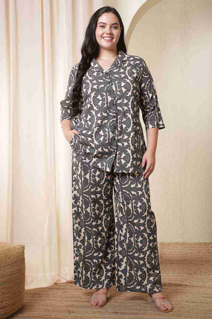 Plus Size Black & Beige Abstract Print Cotton Shirt Coord Set