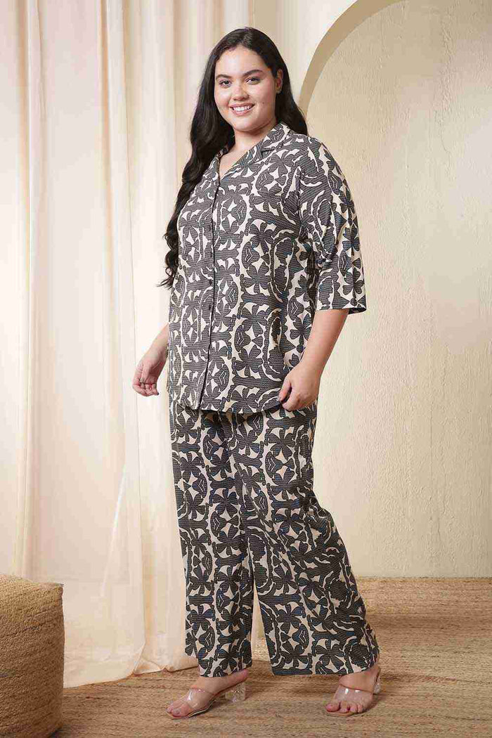 Plus Size Black & Beige Abstract Print Cotton Shirt Coord Set
