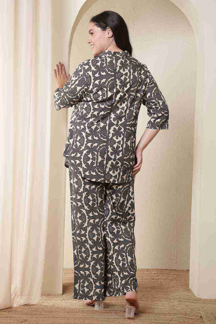 Plus Size Black & Beige Abstract Print Cotton Shirt Coord Set