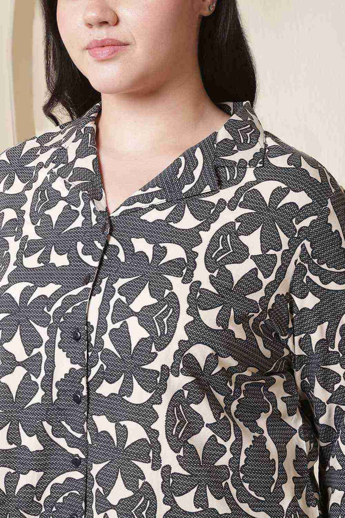 Plus Size Black & Beige Abstract Print Cotton Shirt Coord Set