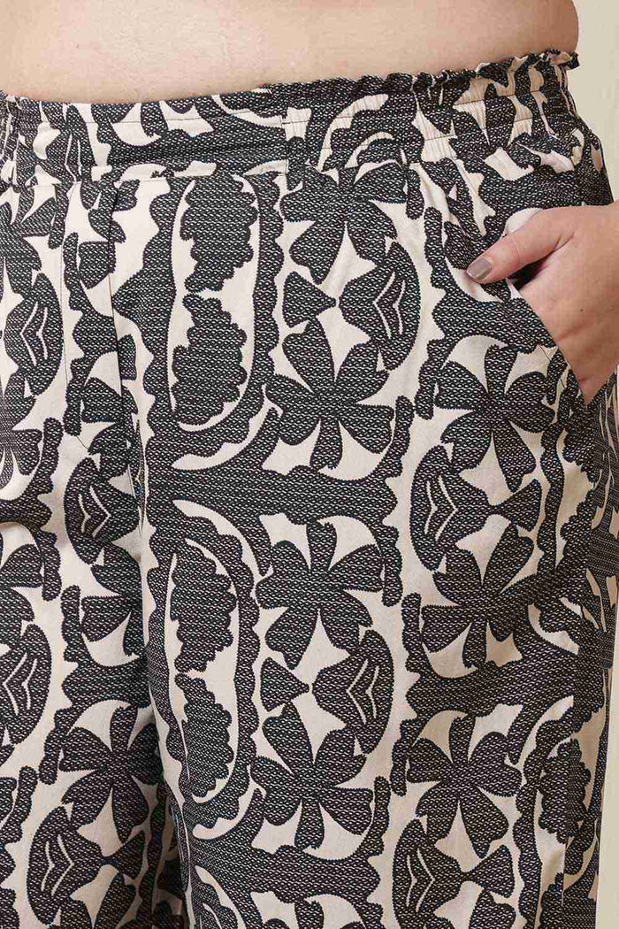 Plus Size Black & Beige Abstract Print Cotton Shirt Coord Set