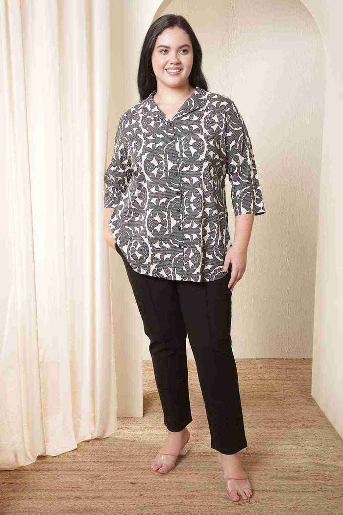 Plus Size Black & Beige Abstract Print Cuban Collar Shirt