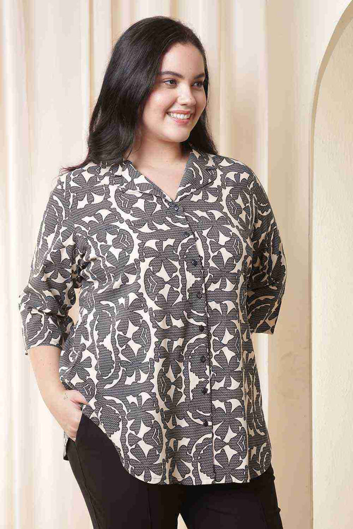 Plus Size Black & Beige Abstract Print Cuban Collar Shirt