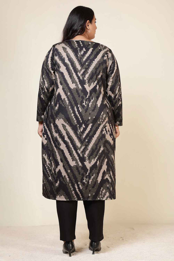 Plus Size Black & Beige Abstract Round Neck SnugWeave™ Winter Kurta