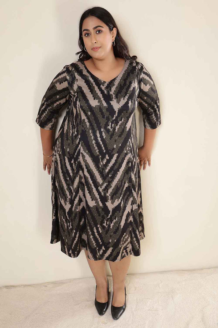 Plus Size Black & Beige Abstract SnugWeave Winter Dress