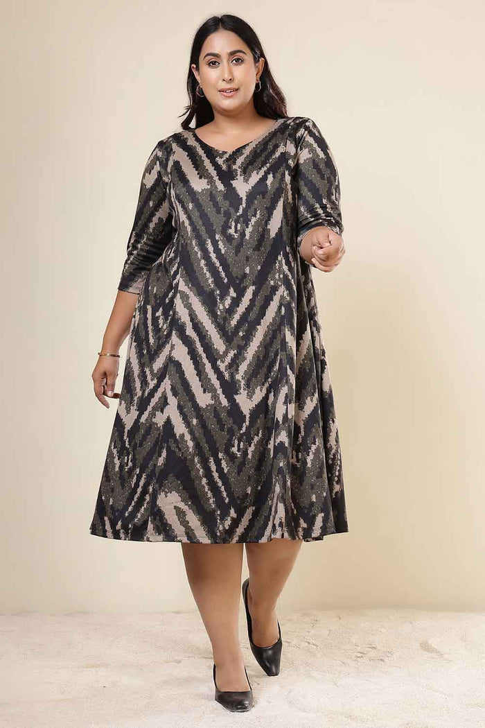Plus Size Black & Beige Abstract SnugWeave Winter Dress