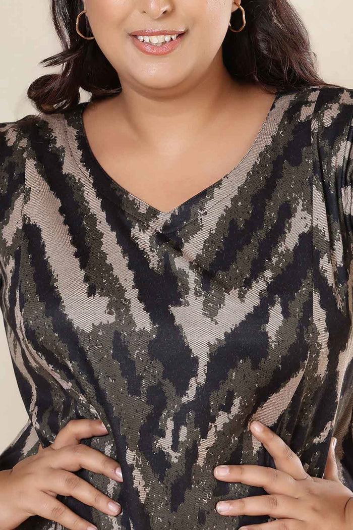 Plus Size Black & Beige Abstract SnugWeave Winter Dress