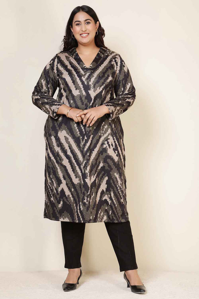 Plus Size Black & Beige Abstract V Neck SnugWeave™ Winter Kurta