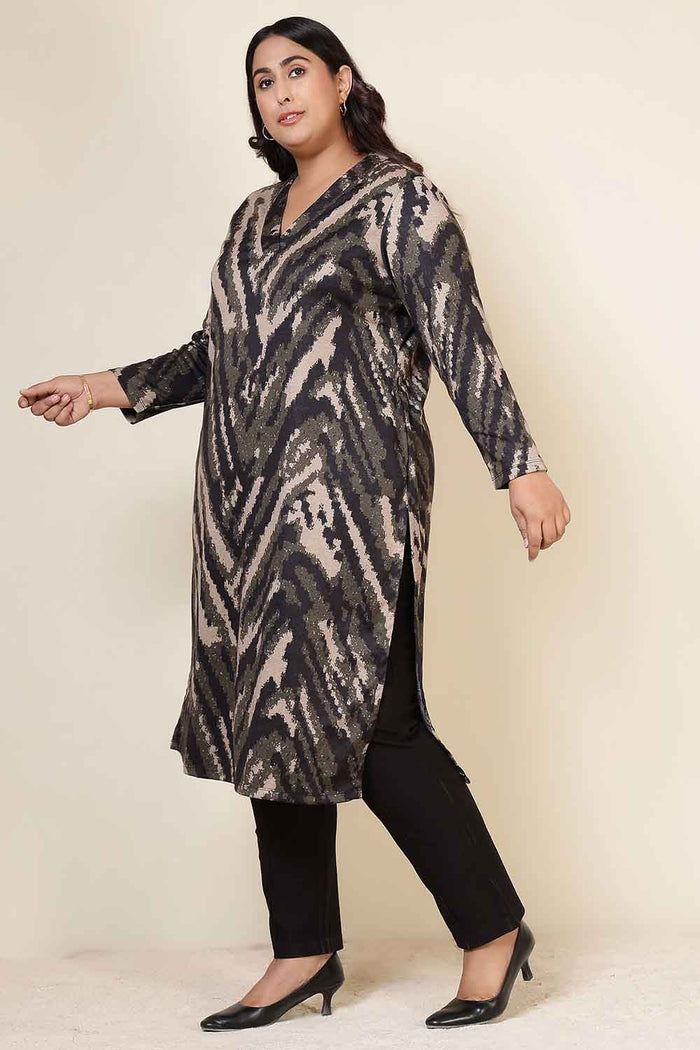 Plus Size Black & Beige Abstract V Neck SnugWeave™ Winter Kurta
