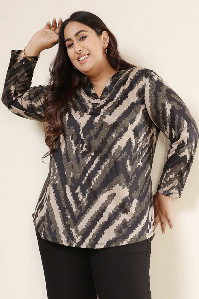 Plus Size Black & Beige Abstract V Neck  SnugWeave Winter Top