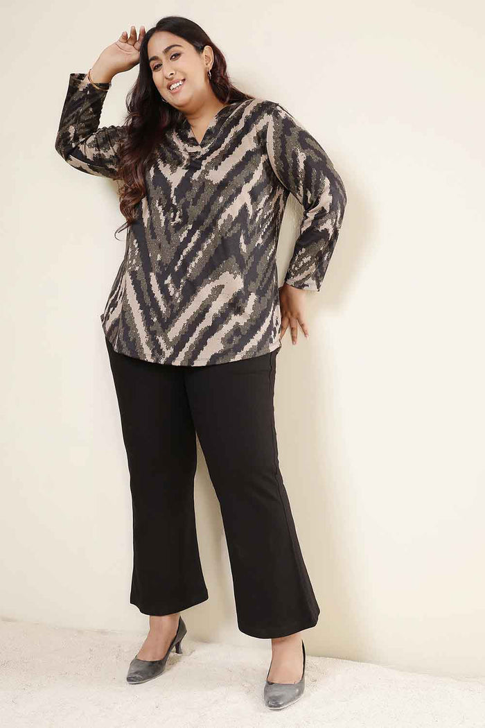 Plus Size Black & Beige Abstract V Neck  SnugWeave Winter Top