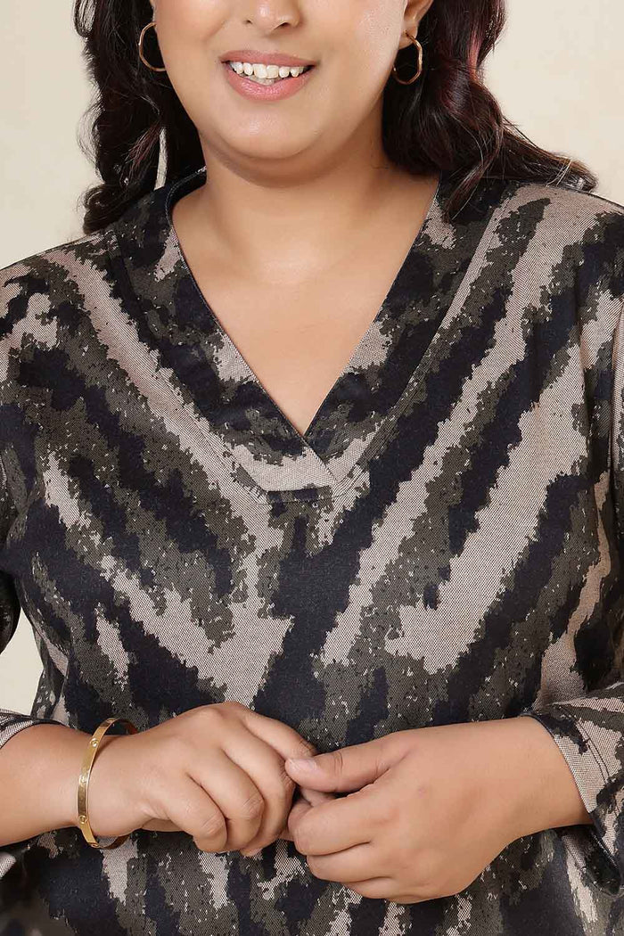 Plus Size Black & Beige Abstract V Neck  SnugWeave Winter Top