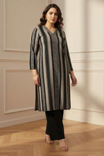 Plus Size Black Beige Stripe SnugWeave™ Winter Kurta Coord Set