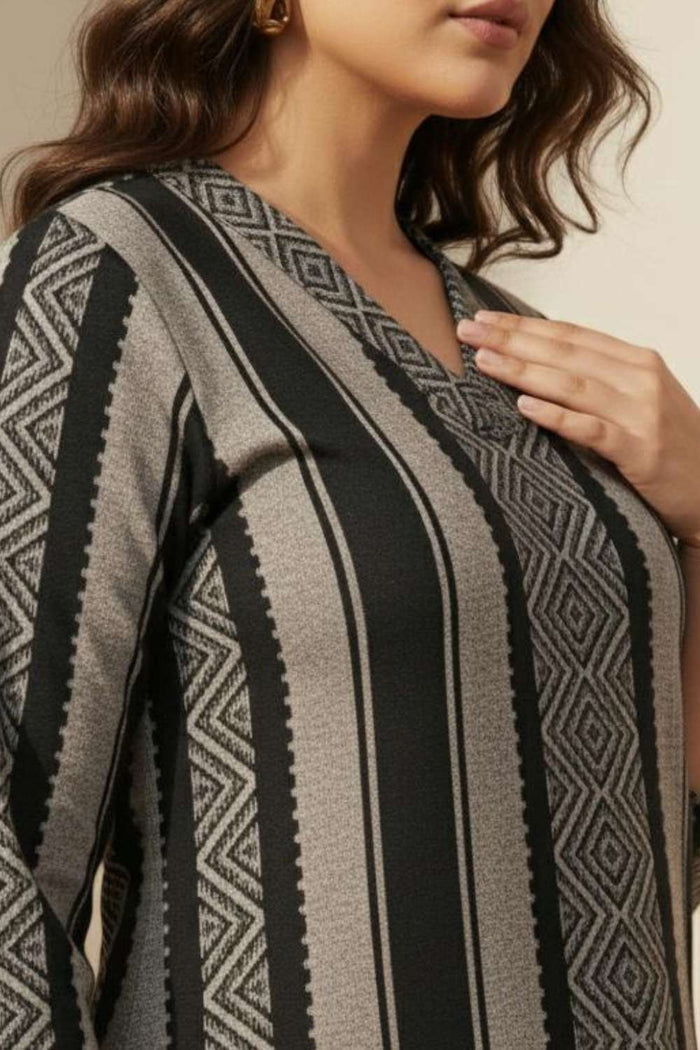 Plus Size Black Beige Stripe SnugWeave™ Winter Kurta Coord Set