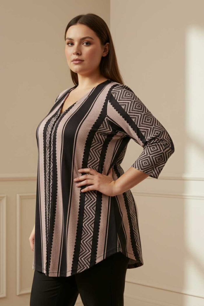 Plus Size Black Beige Stripe SnugWeave Winter Top