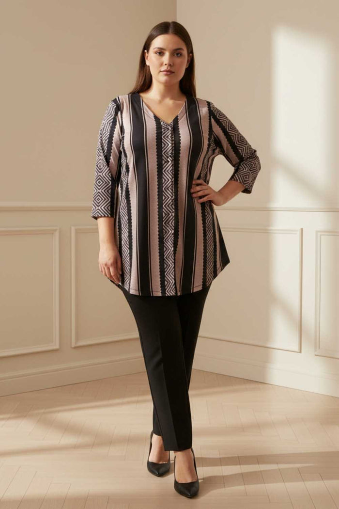 Plus Size Black Beige Stripe SnugWeave Winter Top