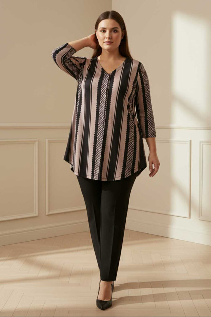 Plus Size Black Beige Stripe SnugWeave Winter Top